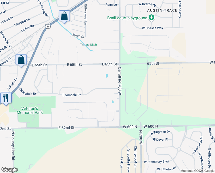 map of restaurants, bars, coffee shops, grocery stores, and more near 12704 Bearsdale Drive in Indianapolis