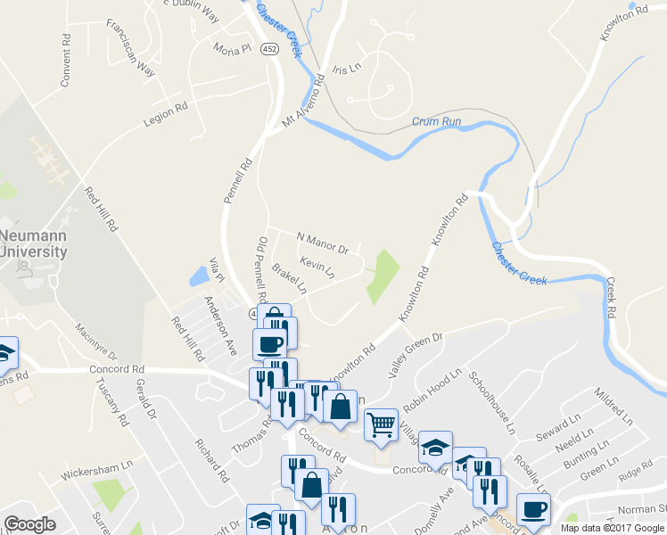 map of restaurants, bars, coffee shops, grocery stores, and more near 209 Kevin Lane in Media
