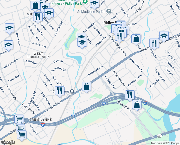 map of restaurants, bars, coffee shops, grocery stores, and more near 213 Henderson Avenue in Ridley Park