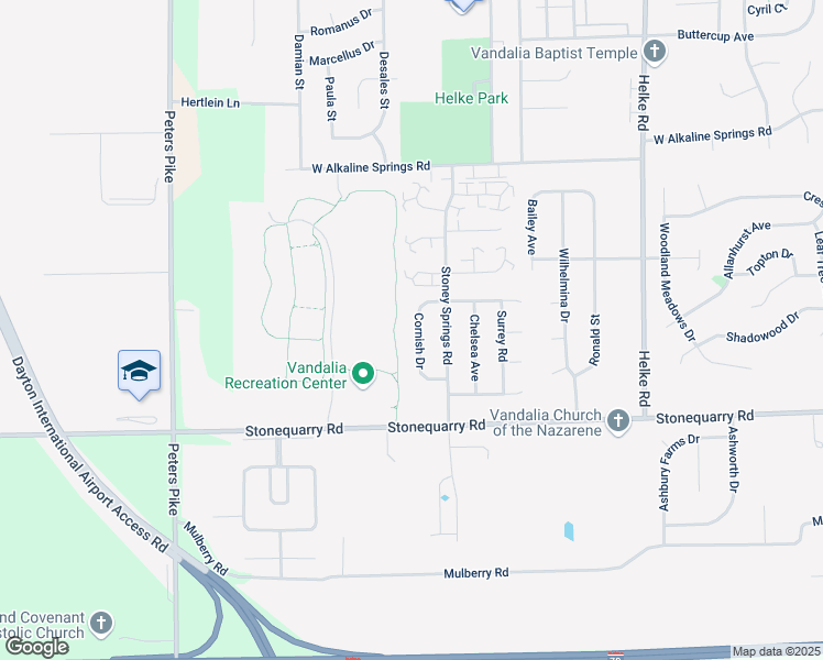map of restaurants, bars, coffee shops, grocery stores, and more near 1355 Cornish Drive in Vandalia