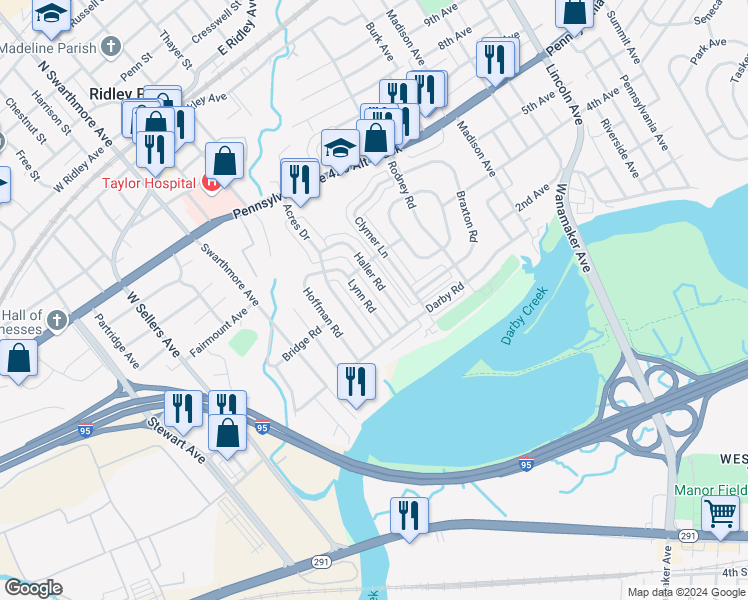 map of restaurants, bars, coffee shops, grocery stores, and more near 228 Lynn Road in Ridley Park