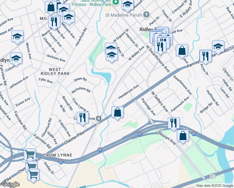 map of restaurants, bars, coffee shops, grocery stores, and more near 220 West Hinckley Avenue in Ridley Park
