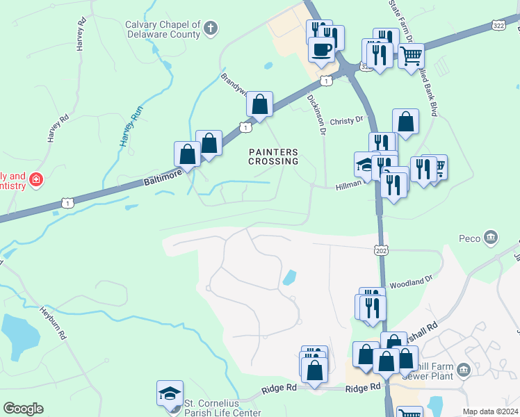 map of restaurants, bars, coffee shops, grocery stores, and more near 1476 Painters Crossing in Chadds Ford