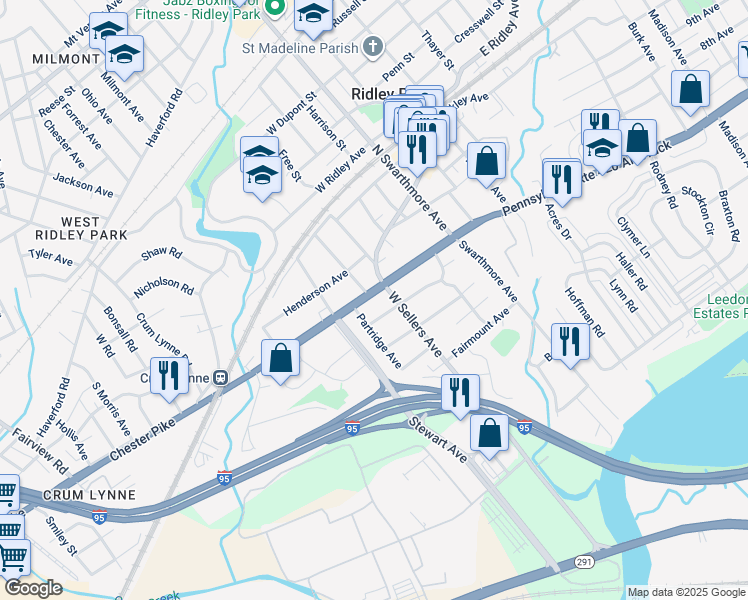 map of restaurants, bars, coffee shops, grocery stores, and more near 104 West Chester Pike in Ridley Park