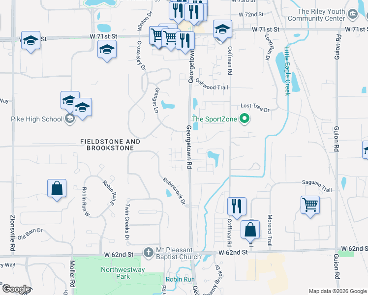 map of restaurants, bars, coffee shops, grocery stores, and more near 4962 Potomac Square Place in Indianapolis