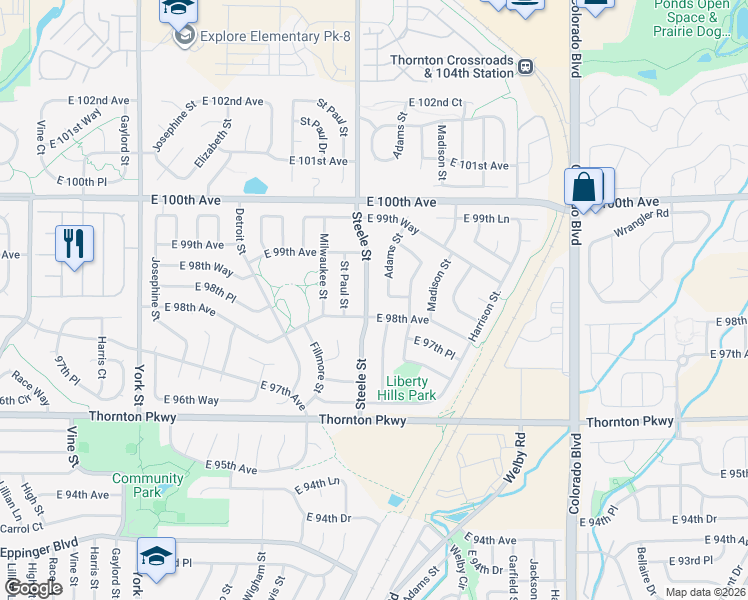map of restaurants, bars, coffee shops, grocery stores, and more near 9820 Steele Street in Thornton