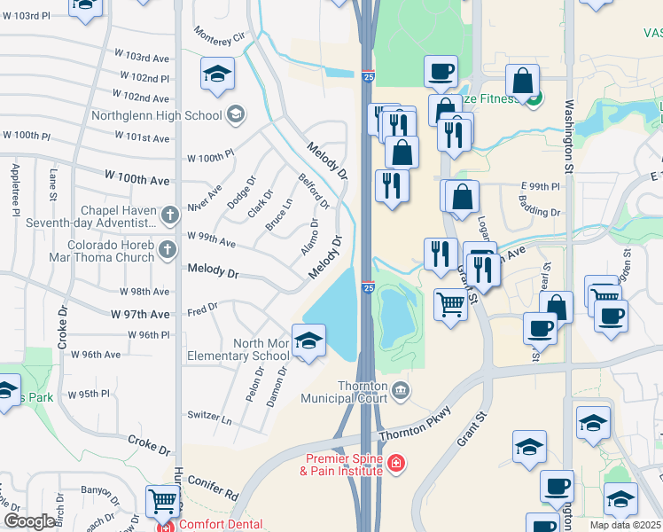 map of restaurants, bars, coffee shops, grocery stores, and more near 9780 Melody Drive in Northglenn
