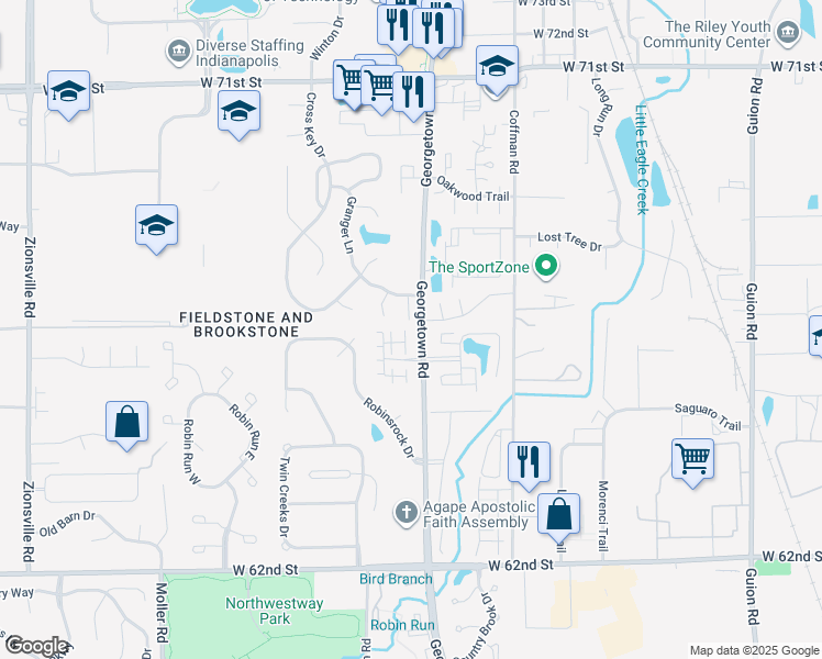 map of restaurants, bars, coffee shops, grocery stores, and more near 4962 Potomac Square Place in Indianapolis