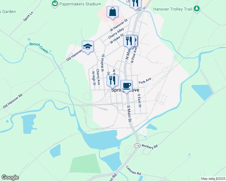 map of restaurants, bars, coffee shops, grocery stores, and more near 4 South Water Street in Spring Grove