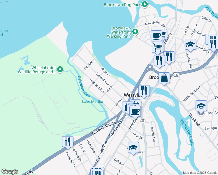 map of restaurants, bars, coffee shops, grocery stores, and more near 400 Summit Avenue in Westville