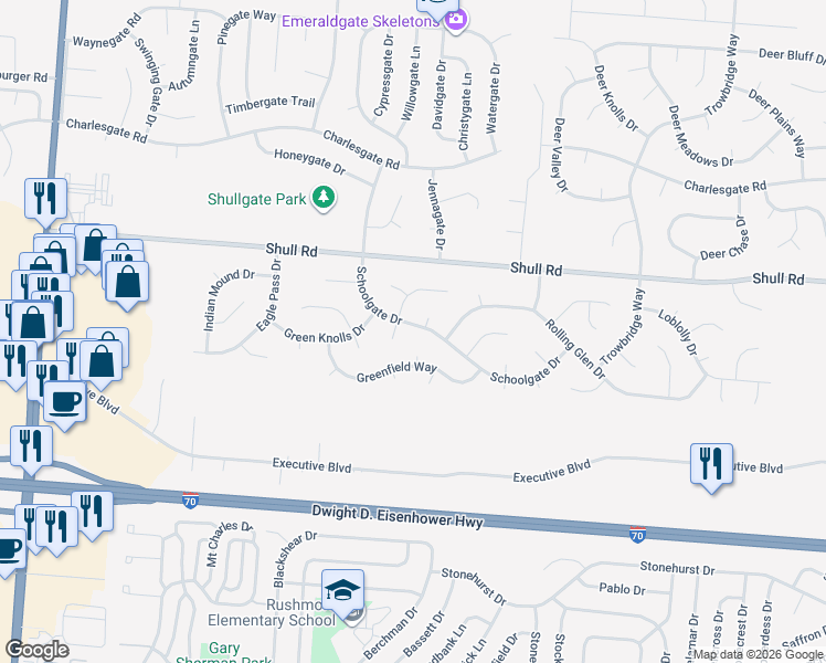 map of restaurants, bars, coffee shops, grocery stores, and more near 8421 Schoolgate Drive in Dayton
