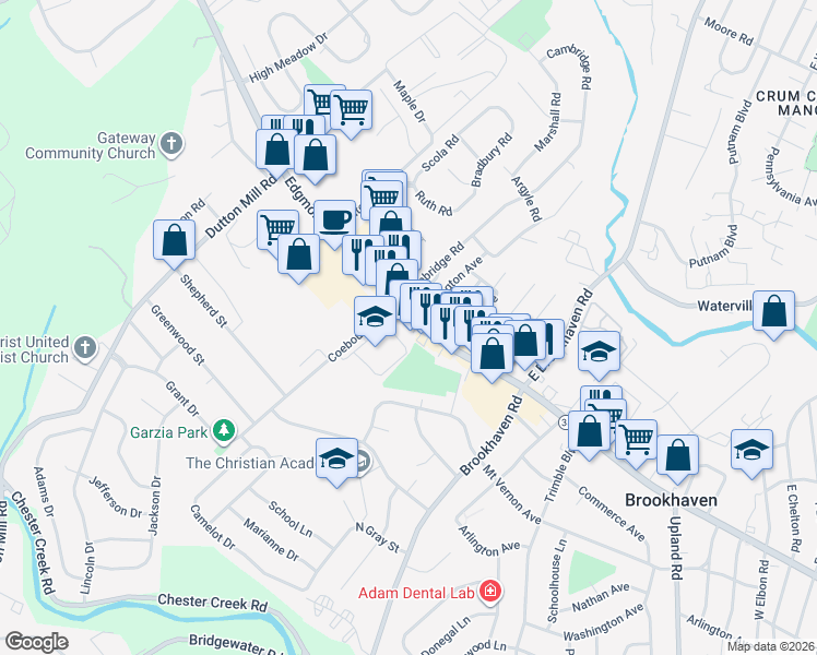 map of restaurants, bars, coffee shops, grocery stores, and more near 4600 Edgmont Avenue in Brookhaven