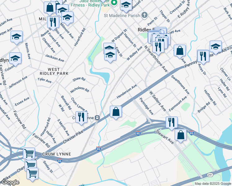 map of restaurants, bars, coffee shops, grocery stores, and more near 220 West Hinckley Avenue in Ridley Park