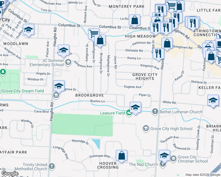 map of restaurants, bars, coffee shops, grocery stores, and more near 4364 Maplegrove Drive in Grove City
