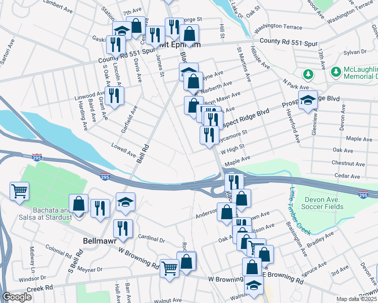 map of restaurants, bars, coffee shops, grocery stores, and more near 285 James Street in Mount Ephraim