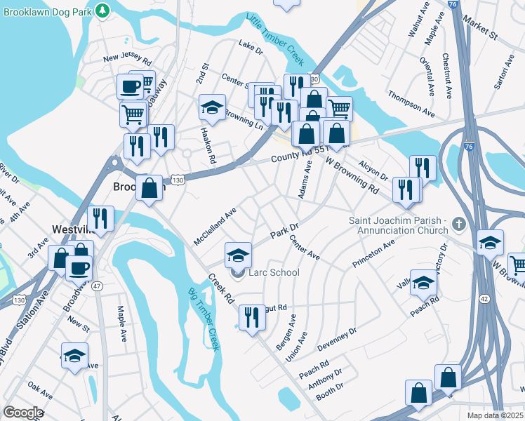 map of restaurants, bars, coffee shops, grocery stores, and more near 1133 Logan Avenue in Bellmawr