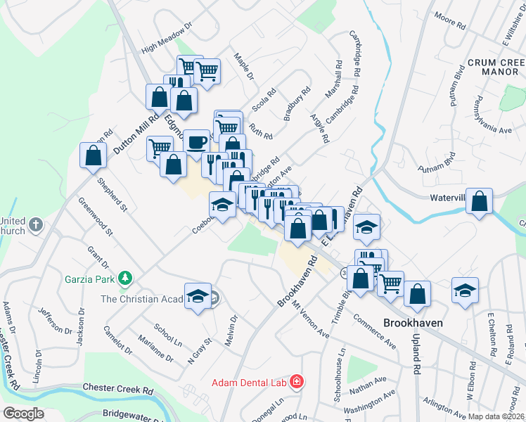 map of restaurants, bars, coffee shops, grocery stores, and more near 4501 Edgmont Avenue in Brookhaven