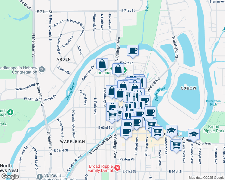 map of restaurants, bars, coffee shops, grocery stores, and more near 6454 North College Avenue in Indianapolis