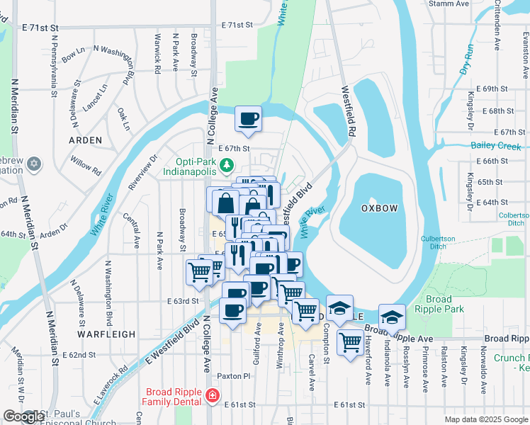 map of restaurants, bars, coffee shops, grocery stores, and more near 6534 Westfield Boulevard in Indianapolis