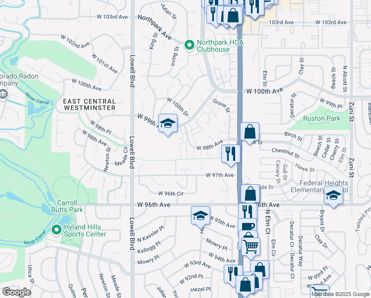 map of restaurants, bars, coffee shops, grocery stores, and more near 3390 West 98th Place in Westminster