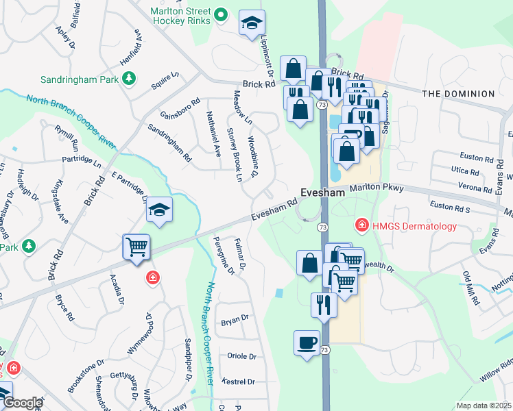 map of restaurants, bars, coffee shops, grocery stores, and more near 104 Meadow Lane in Evesham