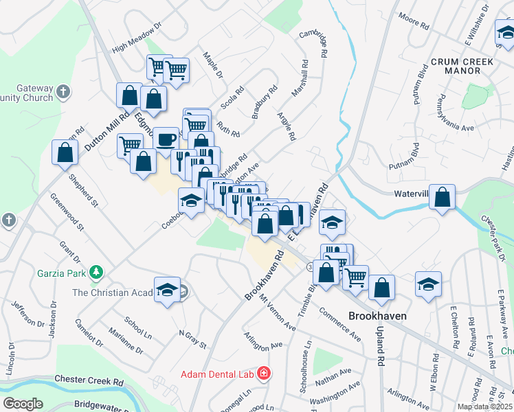 map of restaurants, bars, coffee shops, grocery stores, and more near 27 Maple Avenue in Brookhaven