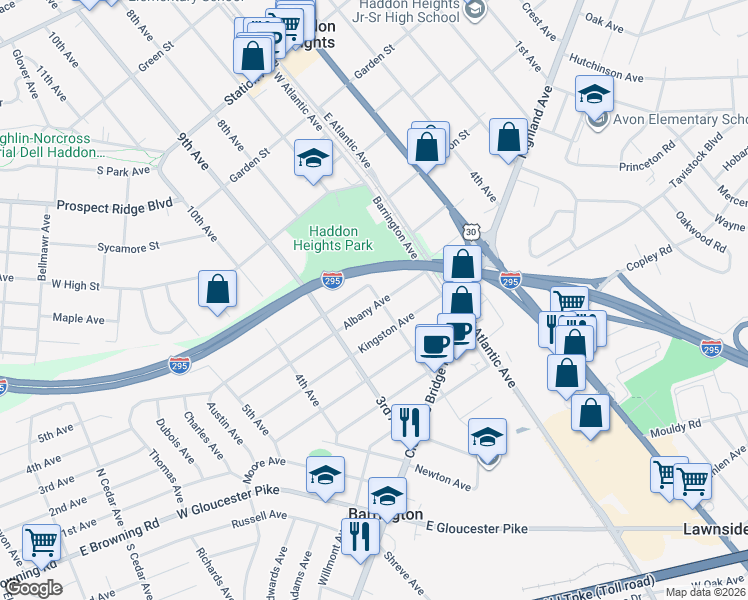 map of restaurants, bars, coffee shops, grocery stores, and more near 201 Albany Avenue in Barrington