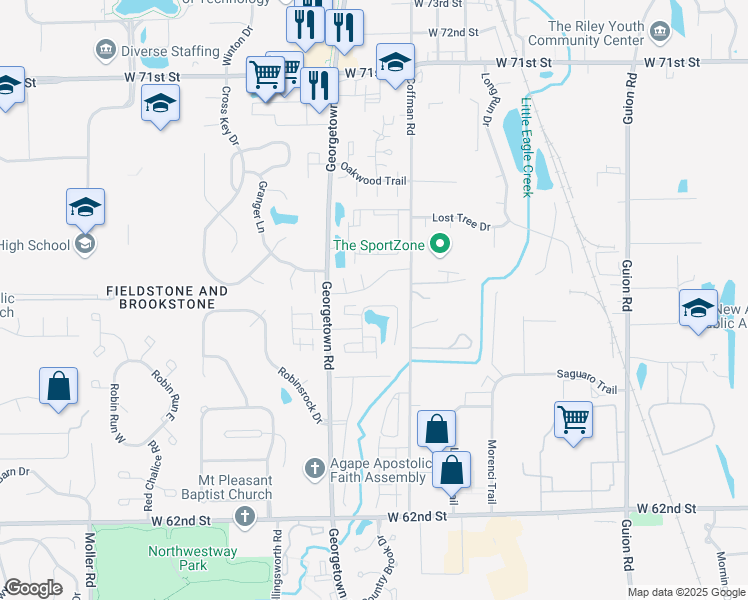 map of restaurants, bars, coffee shops, grocery stores, and more near 4870 Pendragon Boulevard in Indianapolis