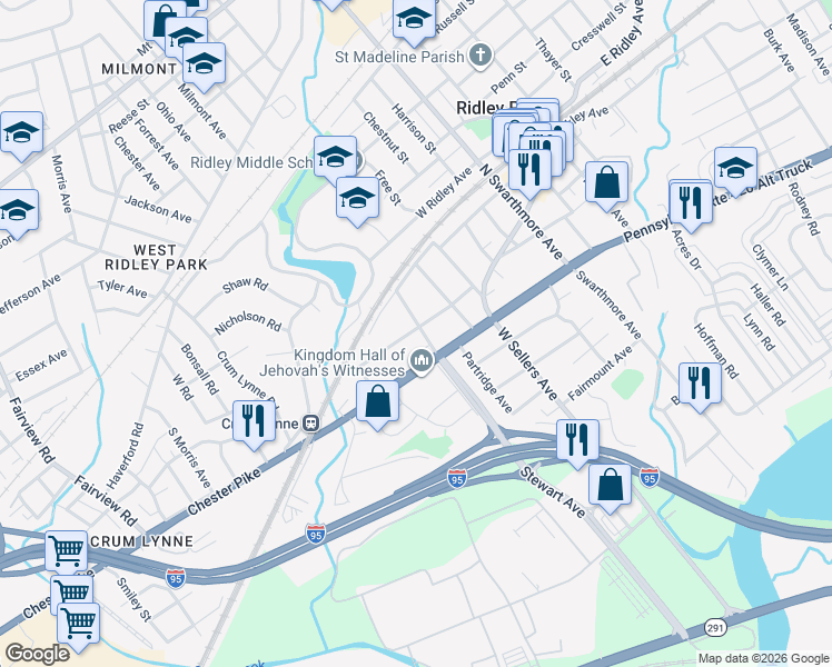 map of restaurants, bars, coffee shops, grocery stores, and more near 21 McCormick Avenue in Ridley Park