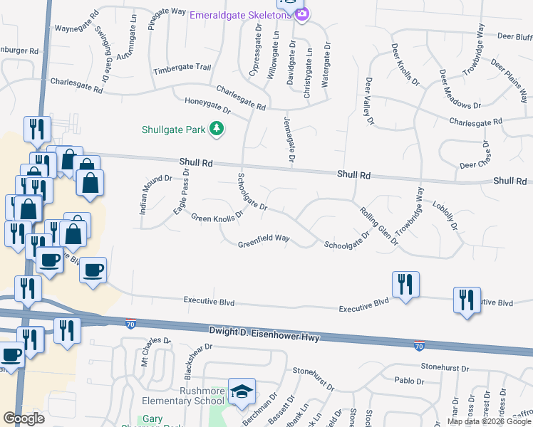 map of restaurants, bars, coffee shops, grocery stores, and more near 8421 Schoolgate Dr in Dayton