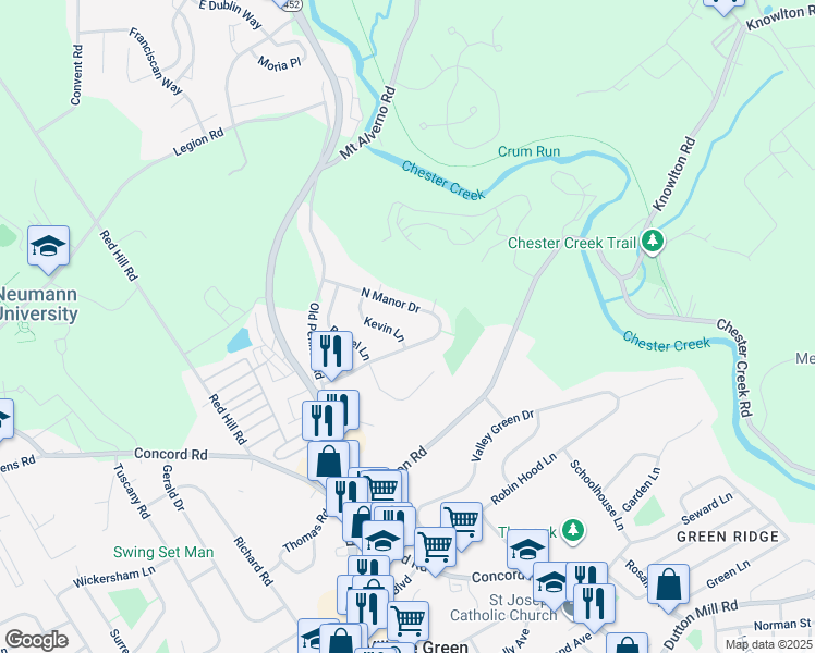 map of restaurants, bars, coffee shops, grocery stores, and more near 209 Kevin Lane in Media