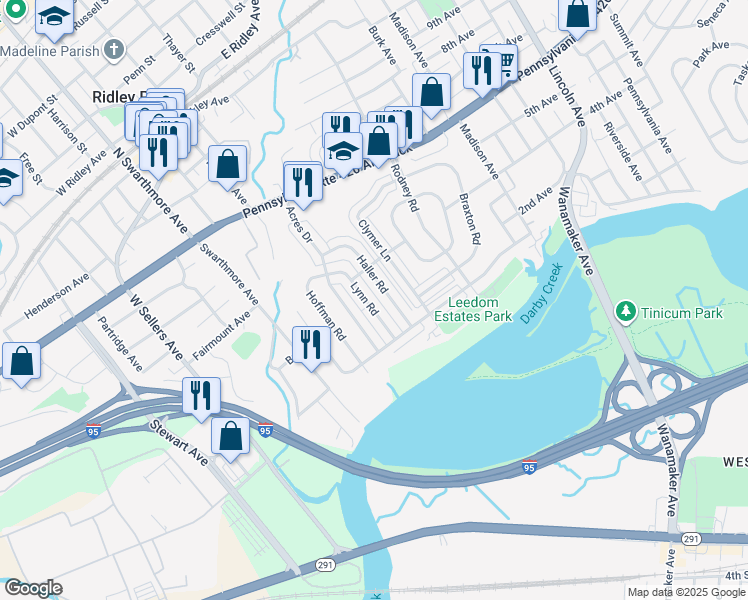 map of restaurants, bars, coffee shops, grocery stores, and more near 226 Lynn Road in Ridley Park