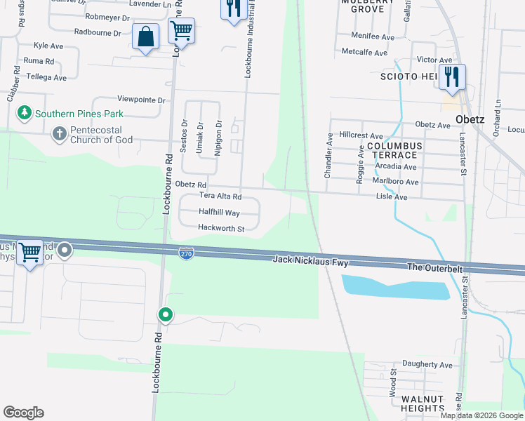 map of restaurants, bars, coffee shops, grocery stores, and more near 1526 Halfhill Way in Columbus