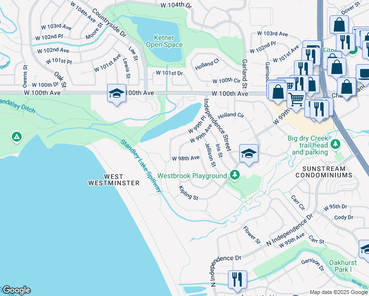 map of restaurants, bars, coffee shops, grocery stores, and more near 9948 West 99th Avenue in Westminster