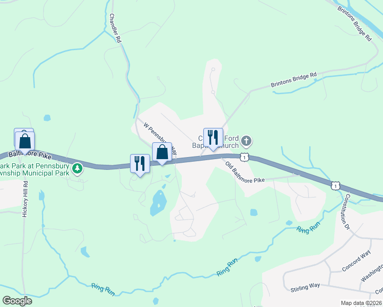 map of restaurants, bars, coffee shops, grocery stores, and more near 1 West Pennsbury Way in Chadds Ford
