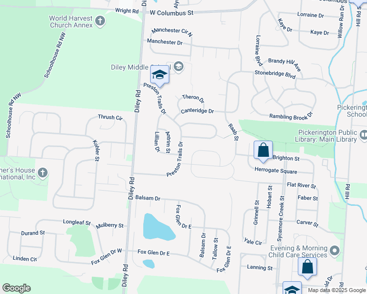 map of restaurants, bars, coffee shops, grocery stores, and more near 646 Preston Trails Drive in Pickerington