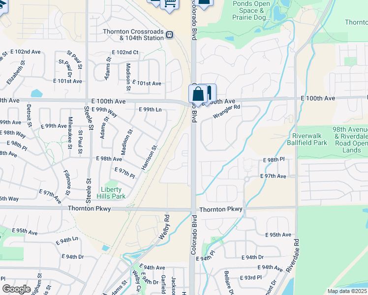 map of restaurants, bars, coffee shops, grocery stores, and more near 9700 Welby Road in Thornton