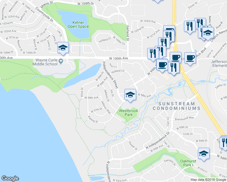 map of restaurants, bars, coffee shops, grocery stores, and more near 9814 Iris Street in Westminster