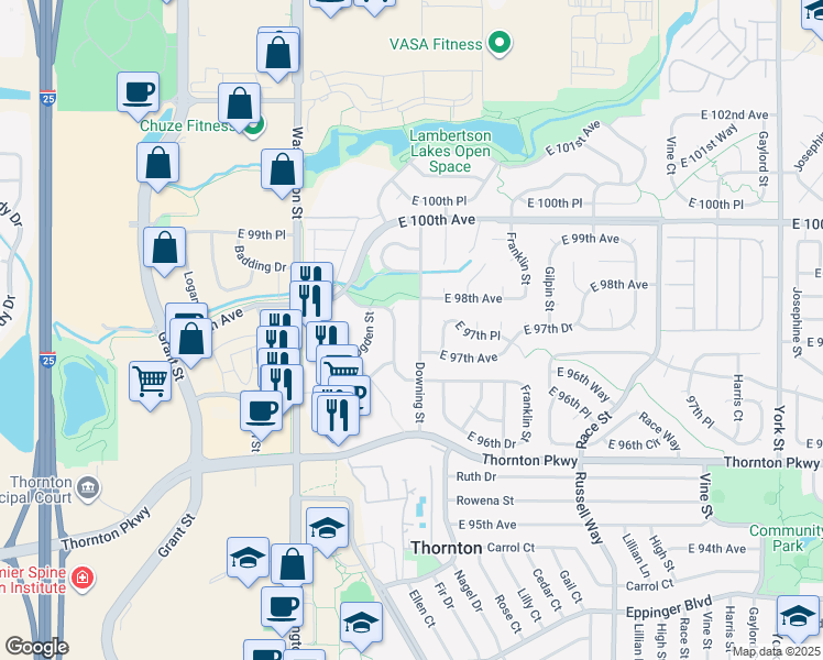map of restaurants, bars, coffee shops, grocery stores, and more near 9743 Downing Street in Thornton