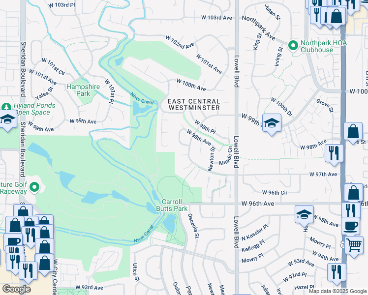 map of restaurants, bars, coffee shops, grocery stores, and more near 9777 Quitman Way in Westminster