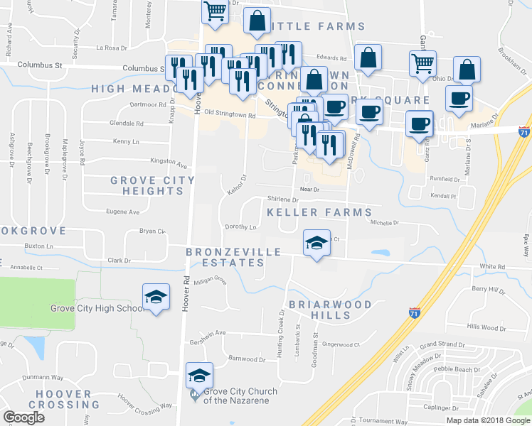 map of restaurants, bars, coffee shops, grocery stores, and more near 4334 Dorothy Lane in Grove City