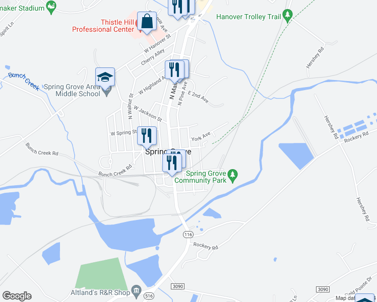 map of restaurants, bars, coffee shops, grocery stores, and more near 8 South East Street in Spring Grove