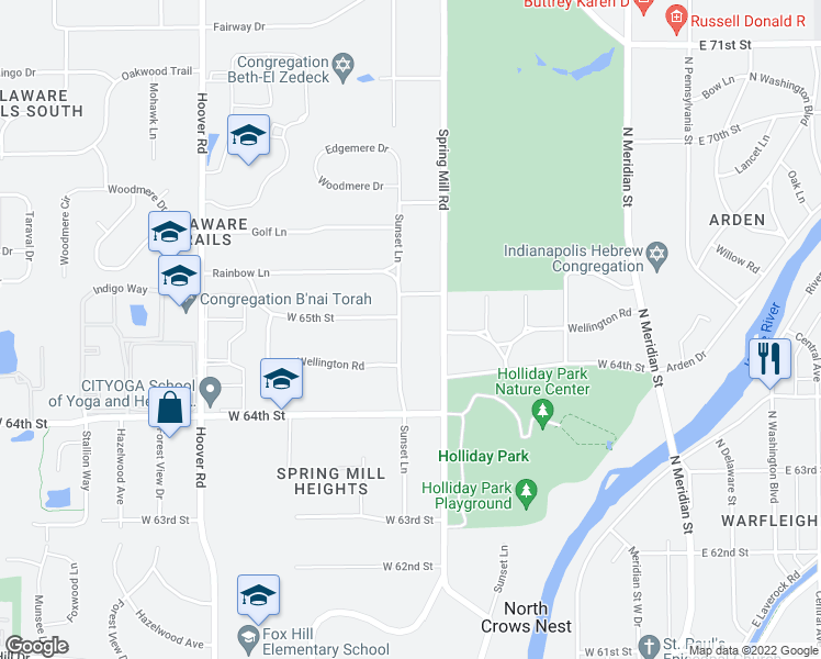 map of restaurants, bars, coffee shops, grocery stores, and more near 6471 Sunset Lane in Indianapolis