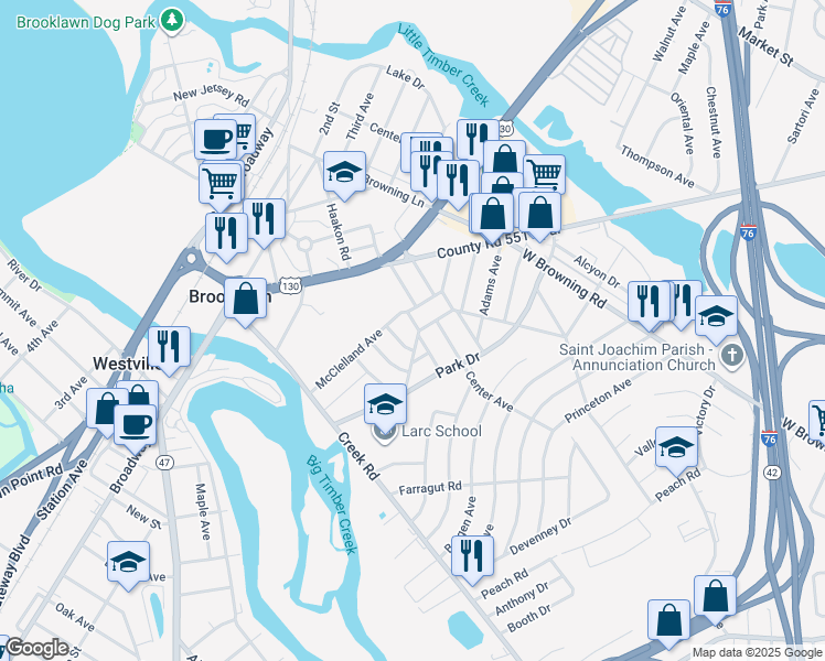 map of restaurants, bars, coffee shops, grocery stores, and more near 1128 Logan Avenue in Bellmawr