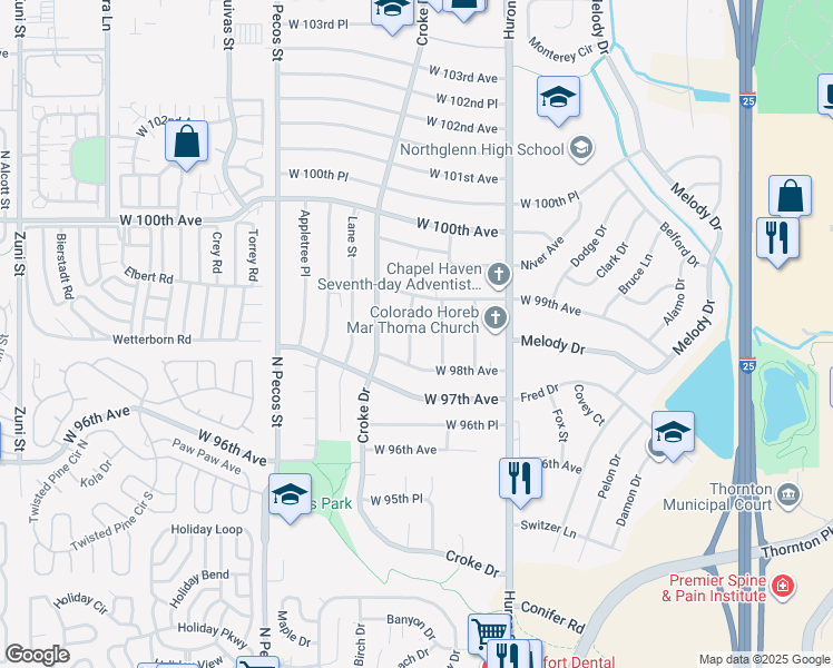 map of restaurants, bars, coffee shops, grocery stores, and more near 9808 Rapp Lane in Northglenn