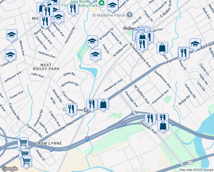 map of restaurants, bars, coffee shops, grocery stores, and more near 213 Henderson Avenue in Ridley Park