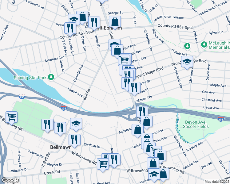 map of restaurants, bars, coffee shops, grocery stores, and more near 285 James Street in Mount Ephraim
