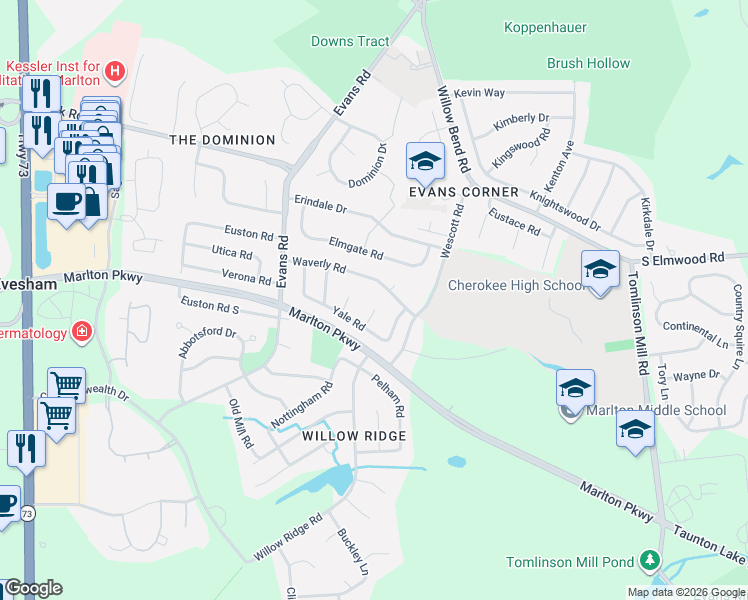 map of restaurants, bars, coffee shops, grocery stores, and more near 5 Brower Court in Evesham