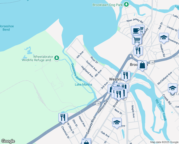 map of restaurants, bars, coffee shops, grocery stores, and more near 425 Highland Avenue in Westville