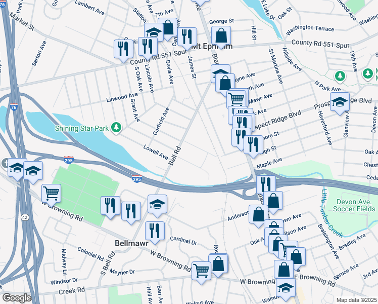 map of restaurants, bars, coffee shops, grocery stores, and more near 167 Rudderow Avenue in Mount Ephraim